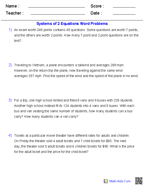 30 Systems Of Linear Equations Word Problems Worksheet Worksheet 