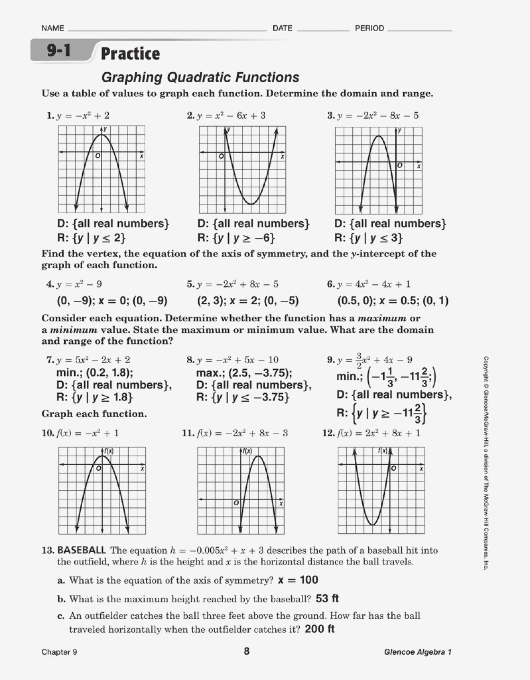 Algebra 1 Graphing Quadratic Functions Worksheet Graphworksheets