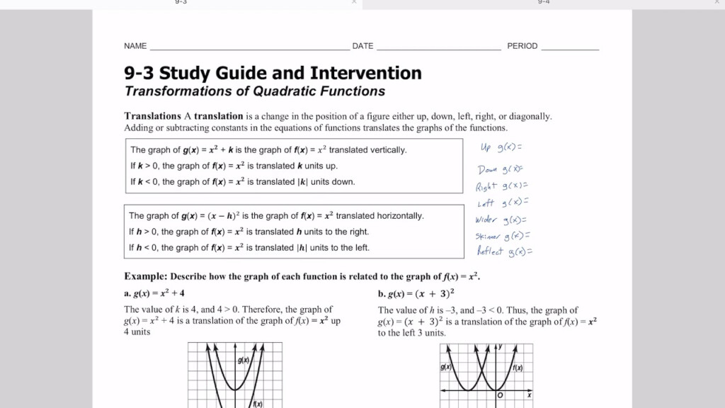 9 3 Study Guide And Intervention Transformations Of Quadratic Functions 