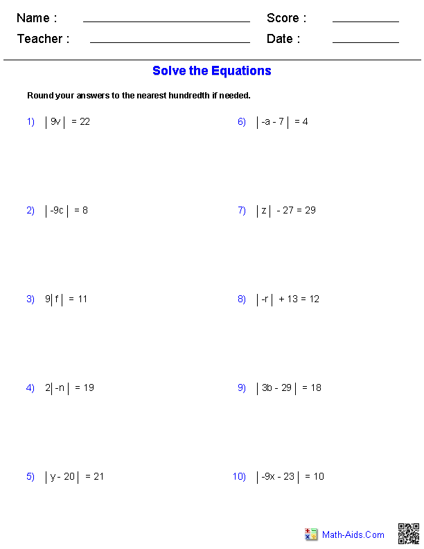 Absolute Value Equations Worksheets Absolute Value Equations