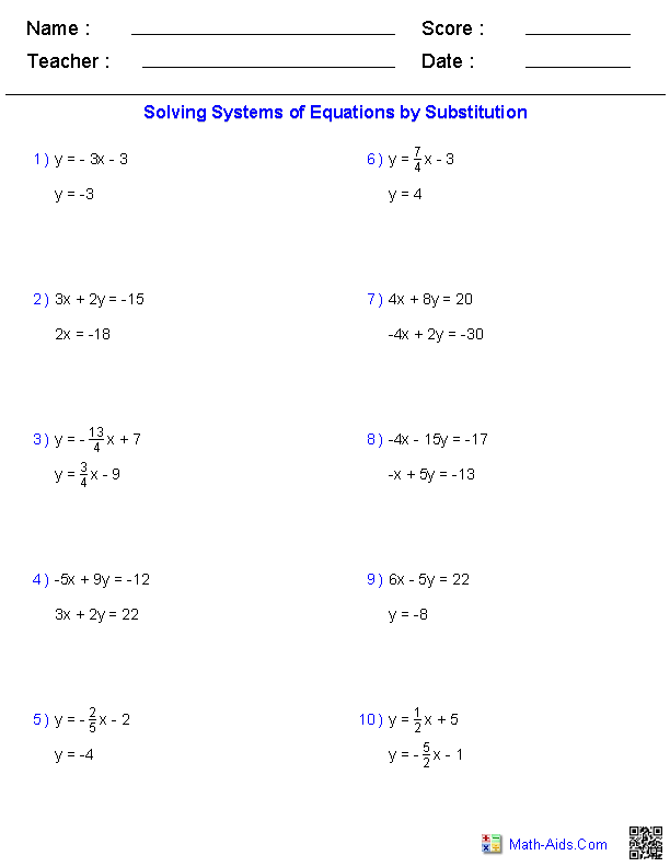 Algebra 1 Solving Systems By Substitution Worksheet Answers Example 