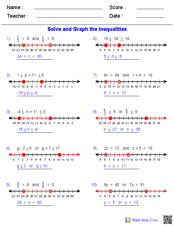 Algebra 1 Worksheets Inequalities Worksheets Compound Inequalities 