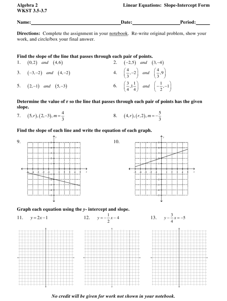 Algebra 2 Wkst 3 5 3 7 Linear Equations In Slope Intercept Form 