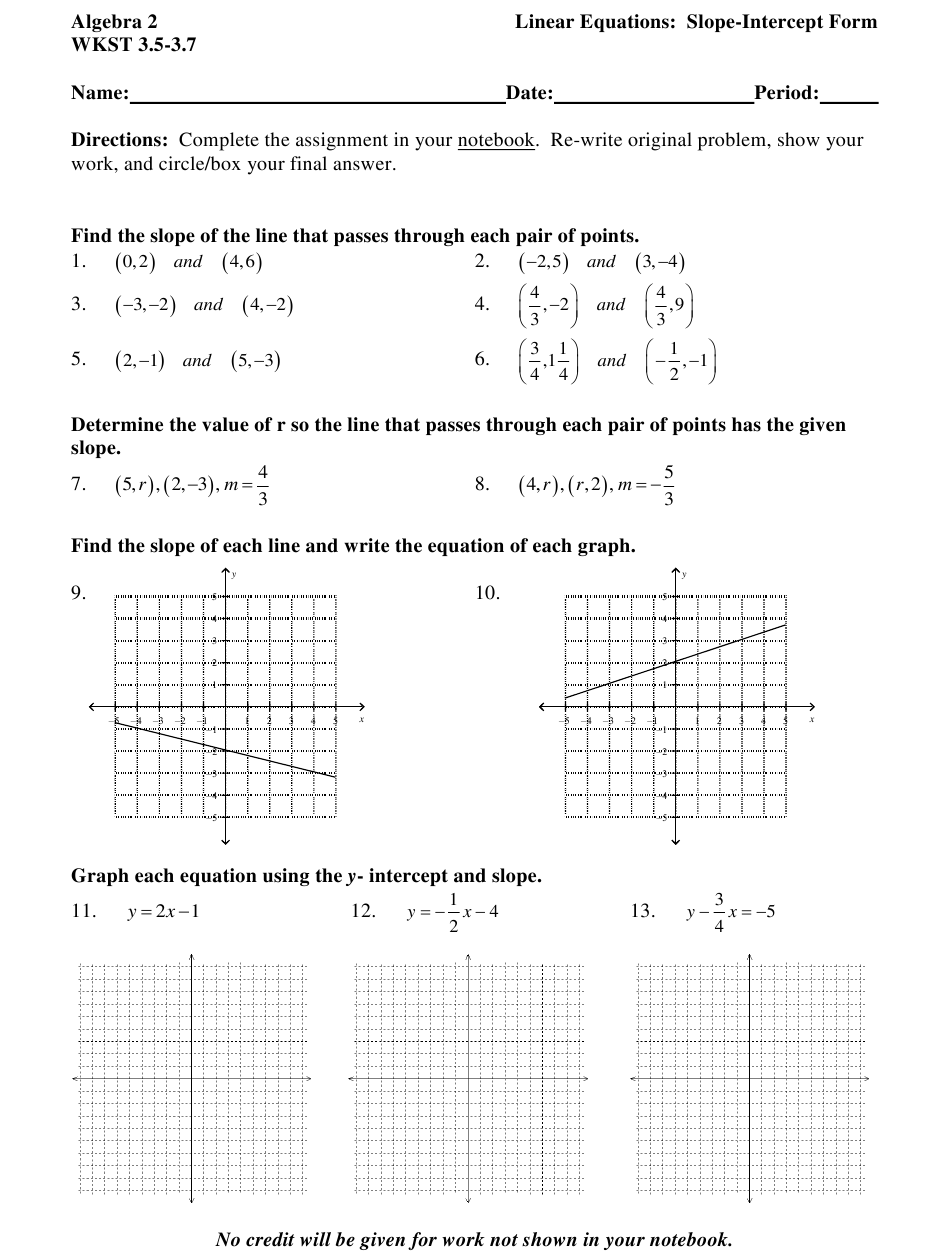 Algebra 2 Wkst 3 5 3 7 Linear Equations In Slope Intercept Form