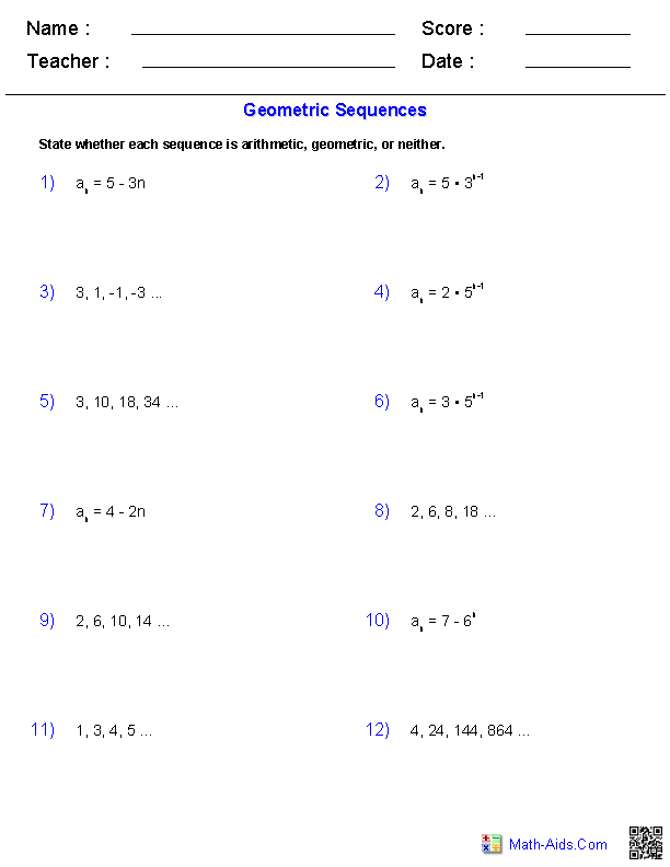 Algebra 2 Worksheets Sequences And Series Worksheets Sequence 