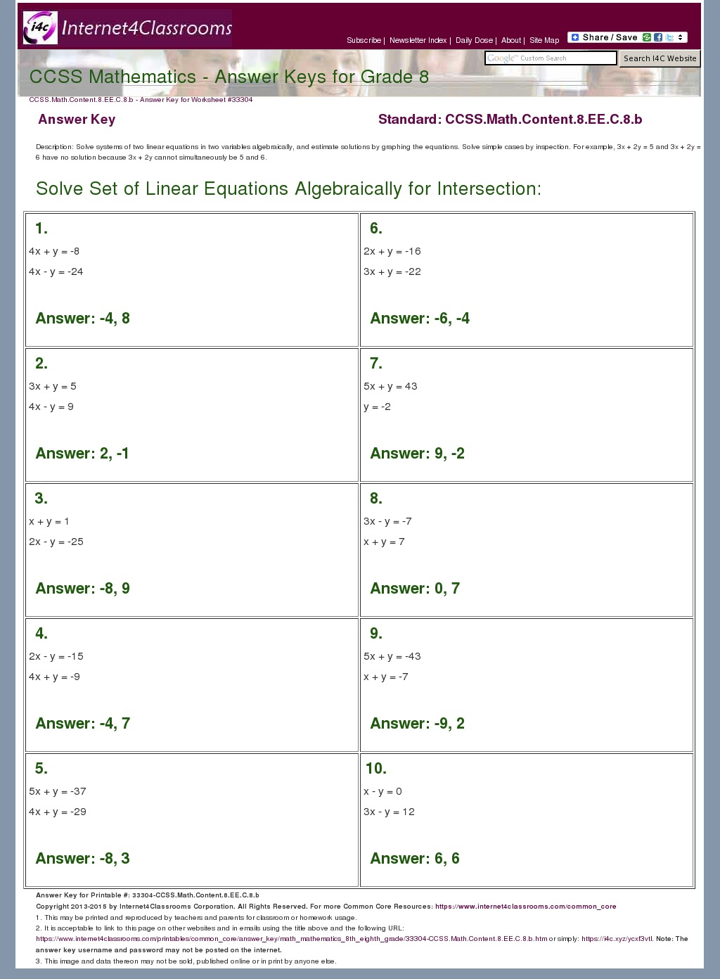 Answer Key Download Worksheet 33304 CCSS Math Content 8 EE C 8 b