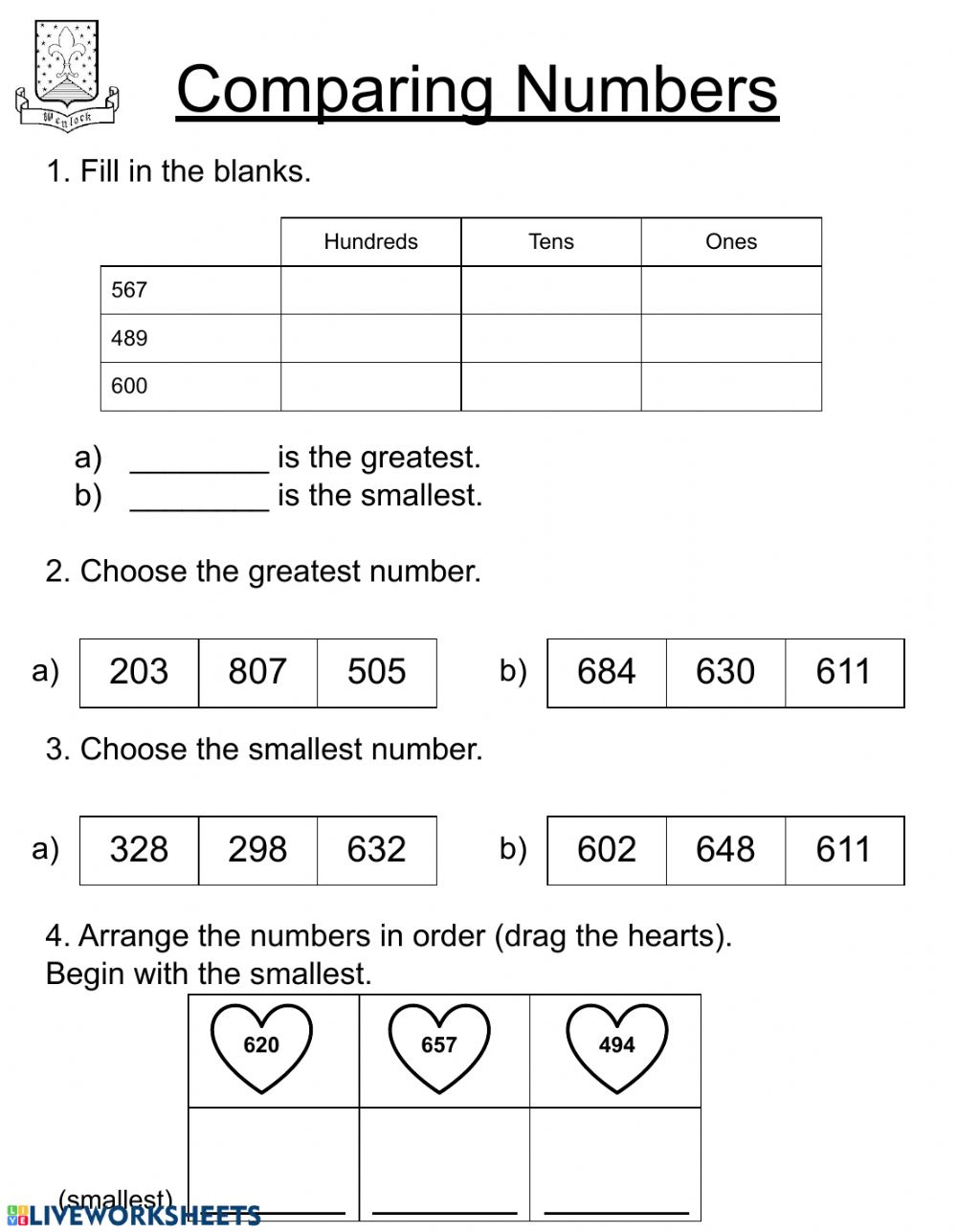 Comparing Numbers Second Grade Worksheet