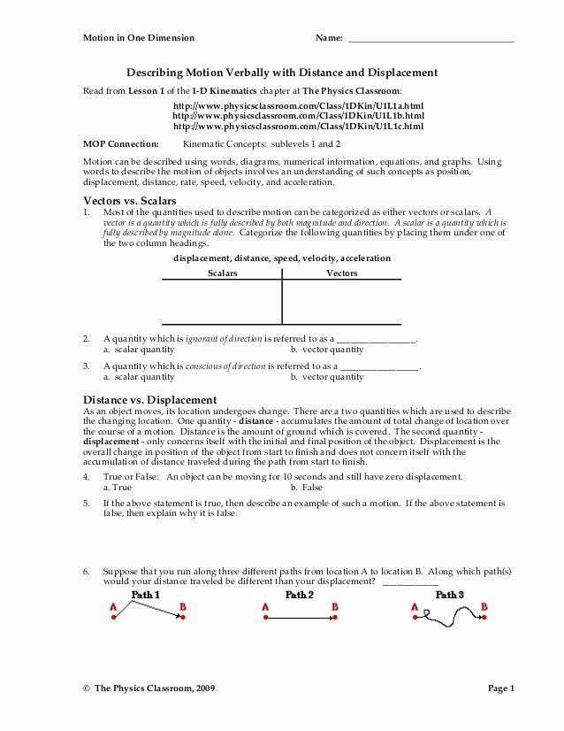 Distance And Displacement Worksheet Answers Unique 1d Motion Worksheet