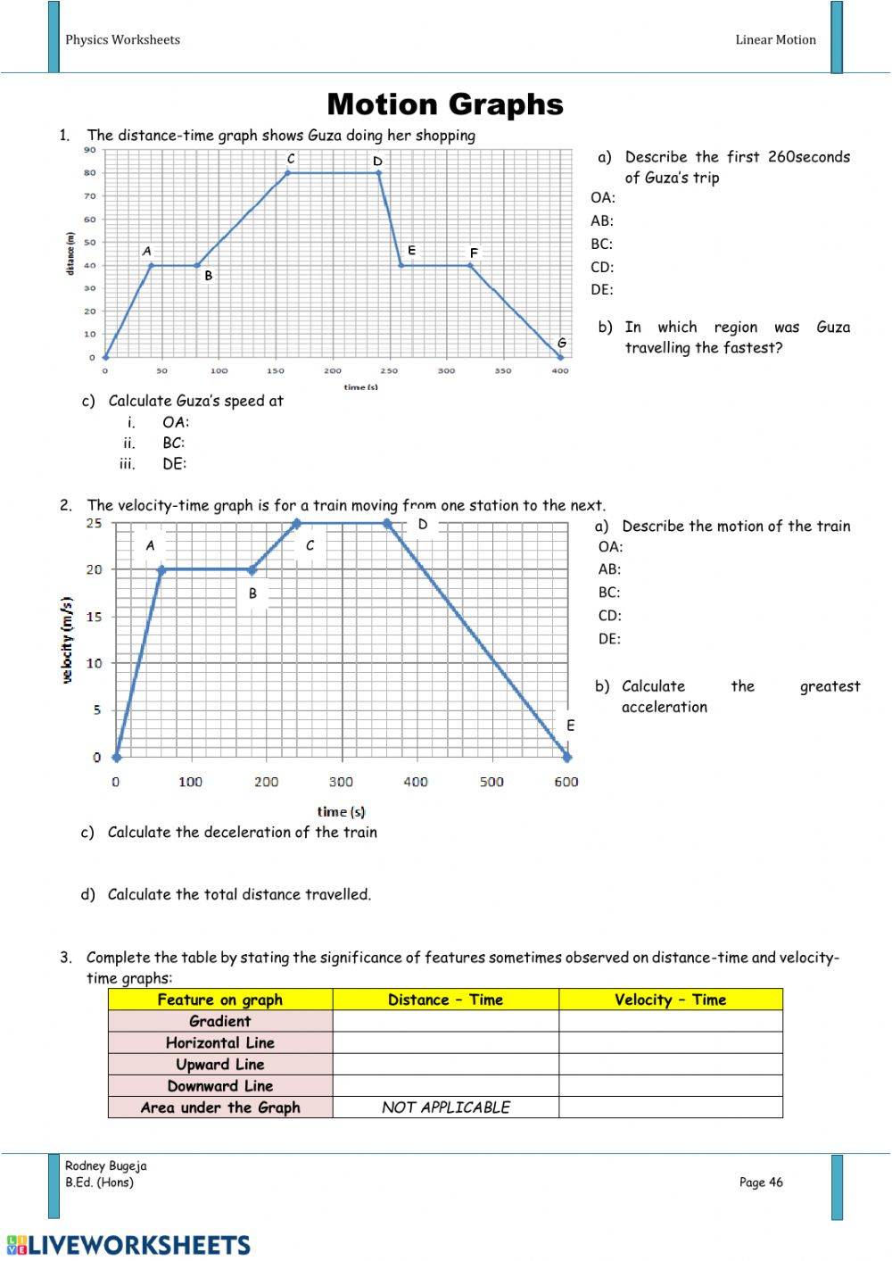 Distance Vs Time Graph Worksheet Answer Key Motion Speed Graph Pdf 1 