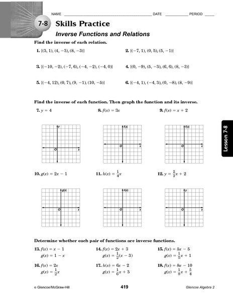 Graphing Inverse Functions Worksheet 7 8 Skills Practice Inverse 