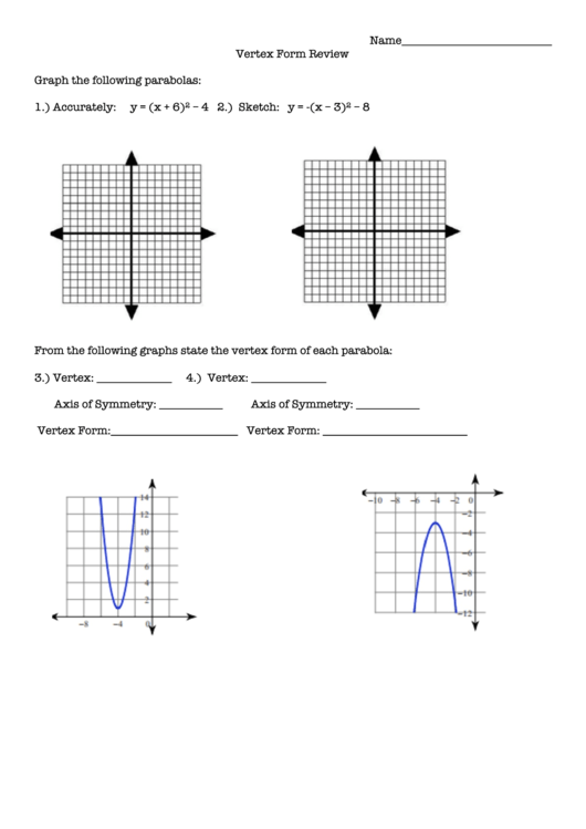 Graphing Quadratic Functions In Vertex Form Worksheet Printable Pdf 