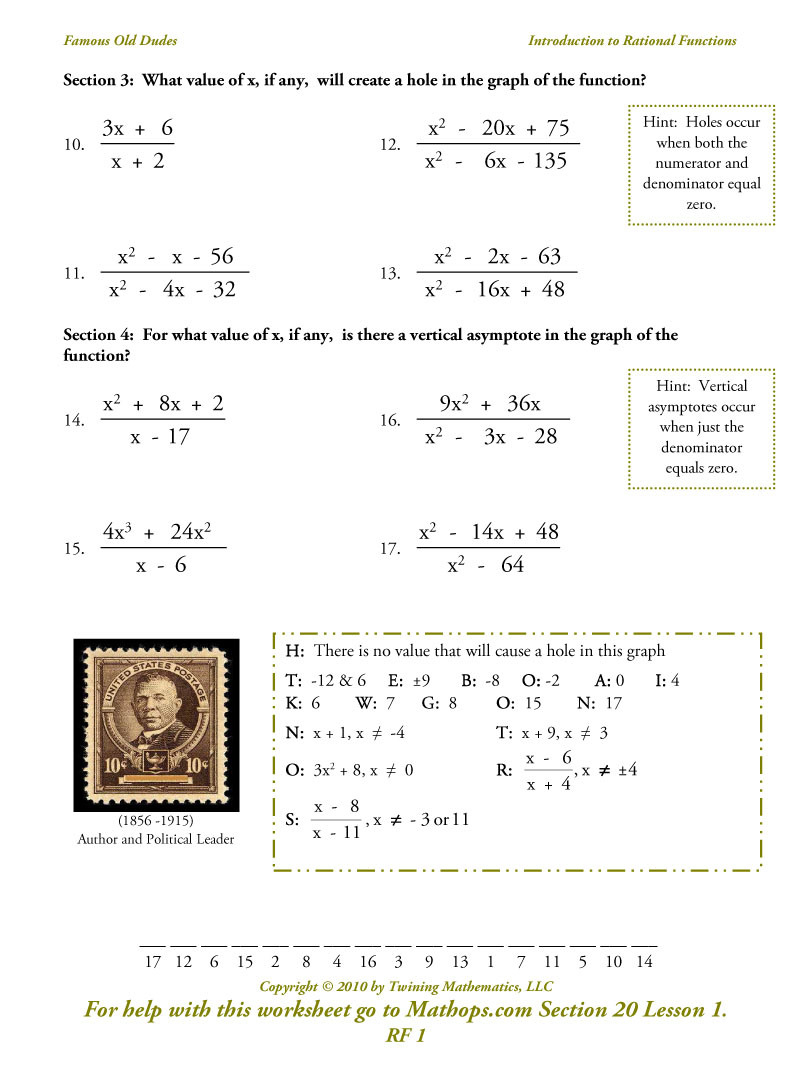 Graphing Rational Functions Worksheet 1 Horizontal Asymptotes Answers 