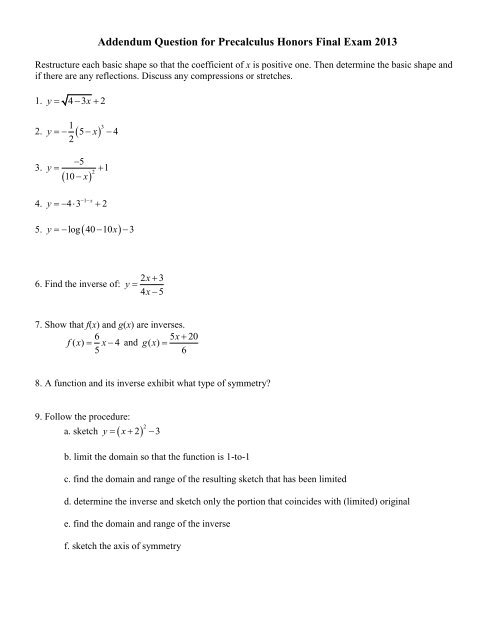 Honors Precalculus Worksheets Choose From 500 Different Sets Of 