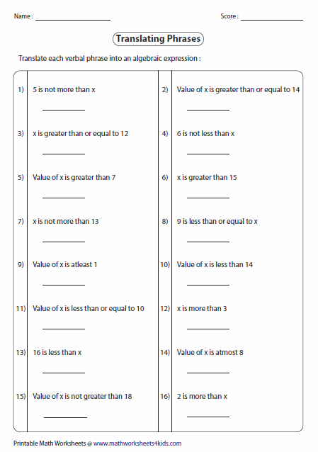 Inequalities Worksheets