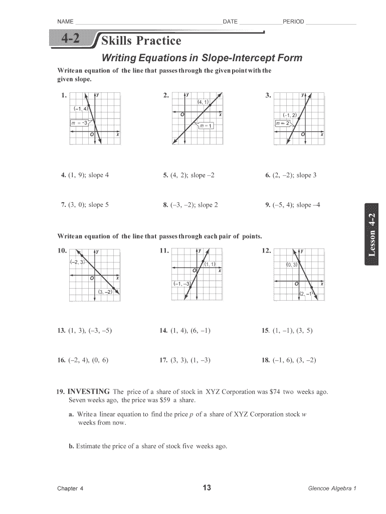 Lesson 12 Writing A Linear Equation In Slope Intercept Form Answer Key