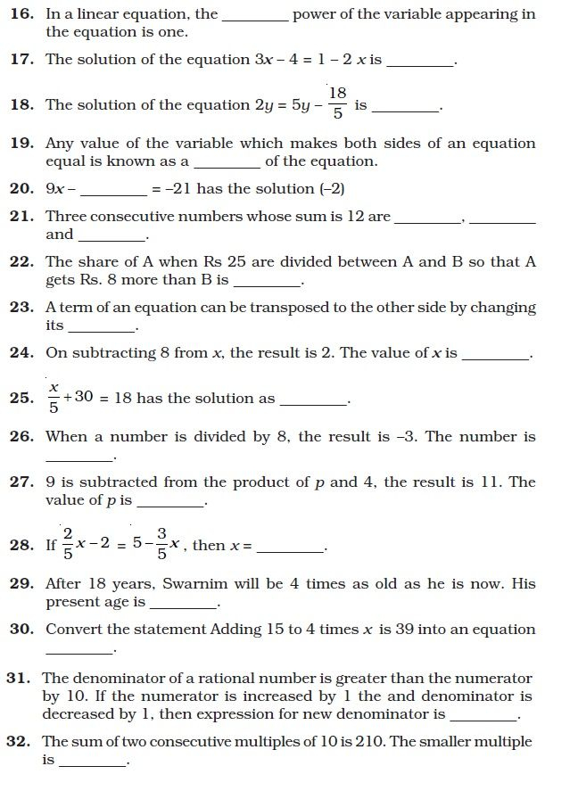 Linear Equations In One Variable Class 8 Worksheets With Answers 