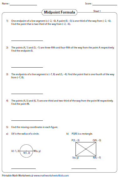 Midpoint Formula Worksheets