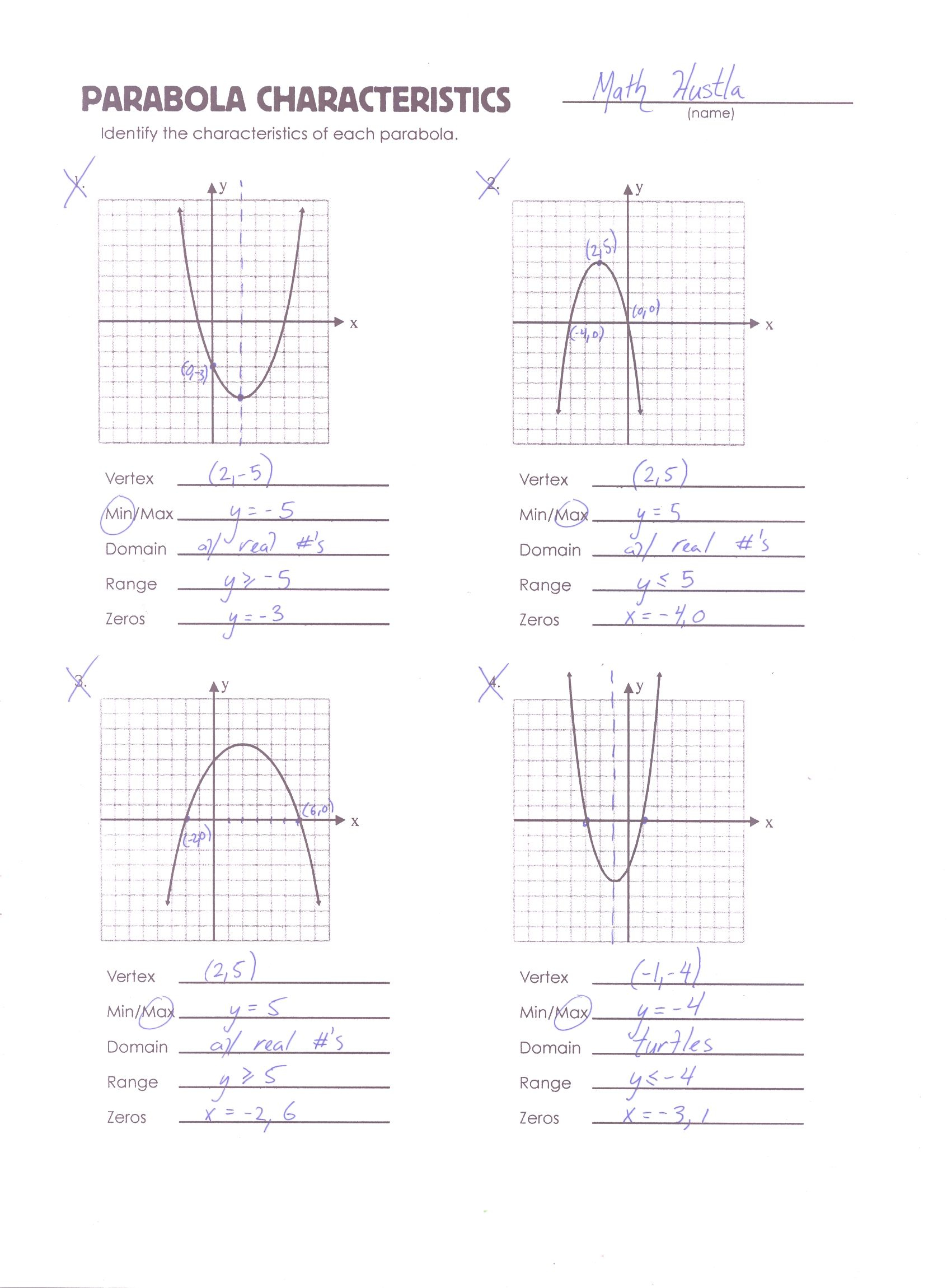 Parabola Review Worksheet Quadratics Quadratic Functions Graphing 