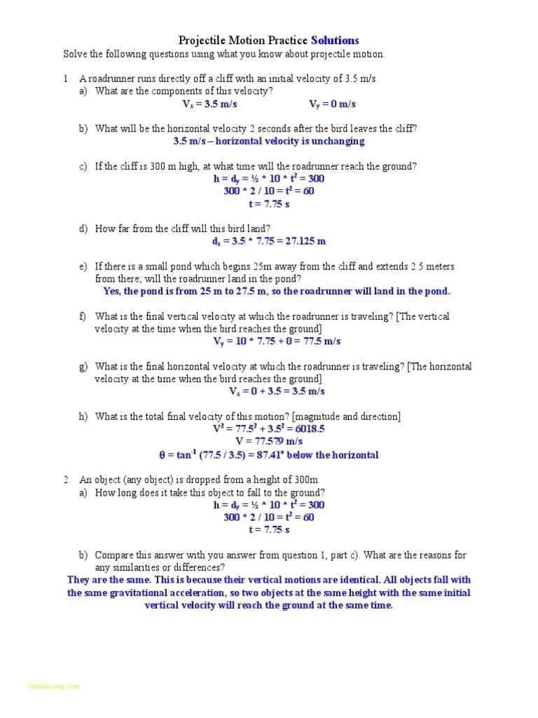 Projectile Motion Worksheet Physics Classroom Try This Sheet