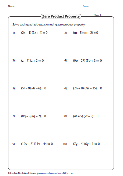 Quadratic Equation Worksheets