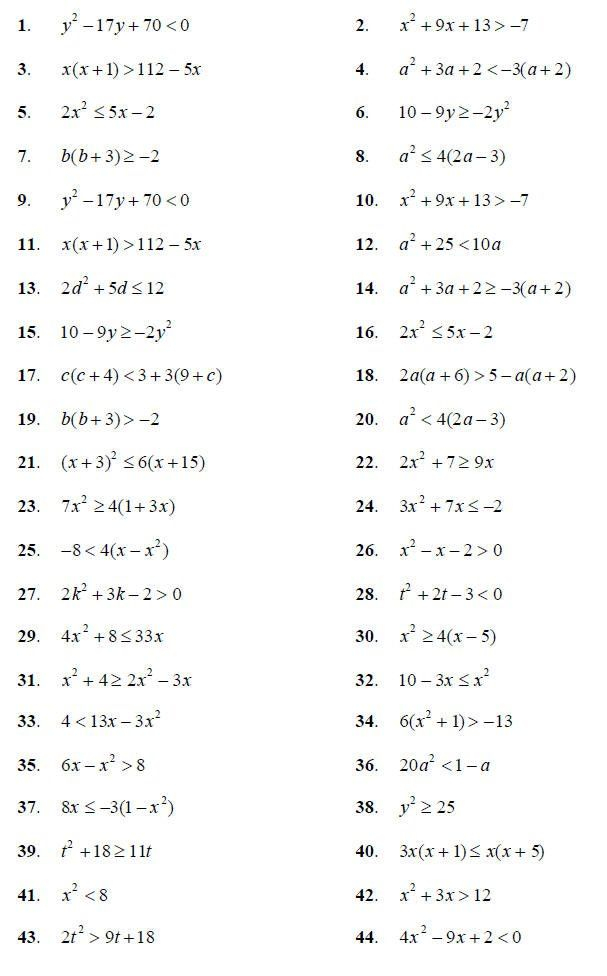 Quadratic Inequalities Worksheet With Answers Kidsworksheetfun