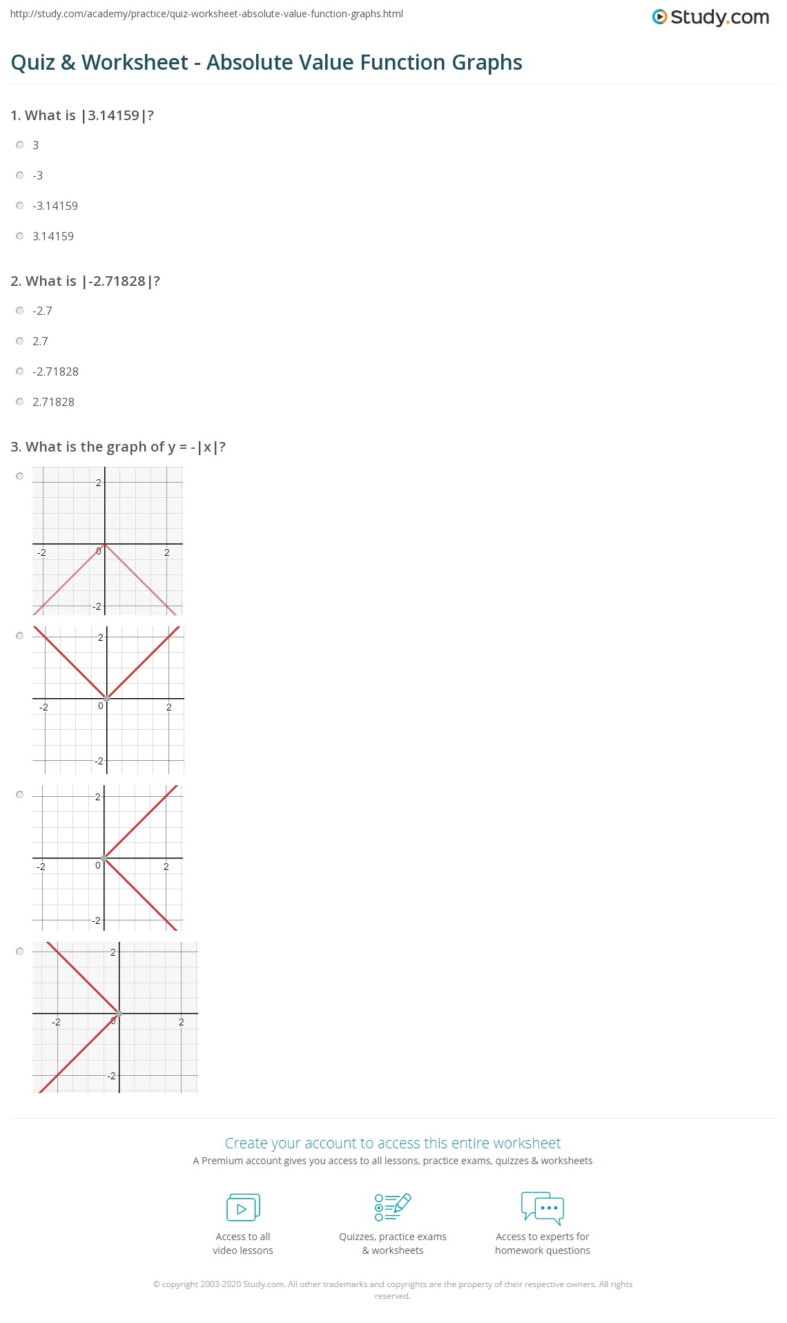 Quiz Worksheet Absolute Value Function Graphs Study