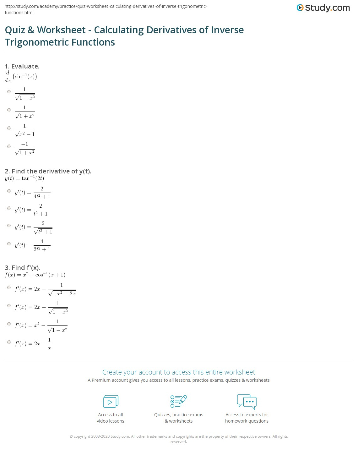 Quiz Worksheet Calculating Derivatives Of Inverse Trigonometric 