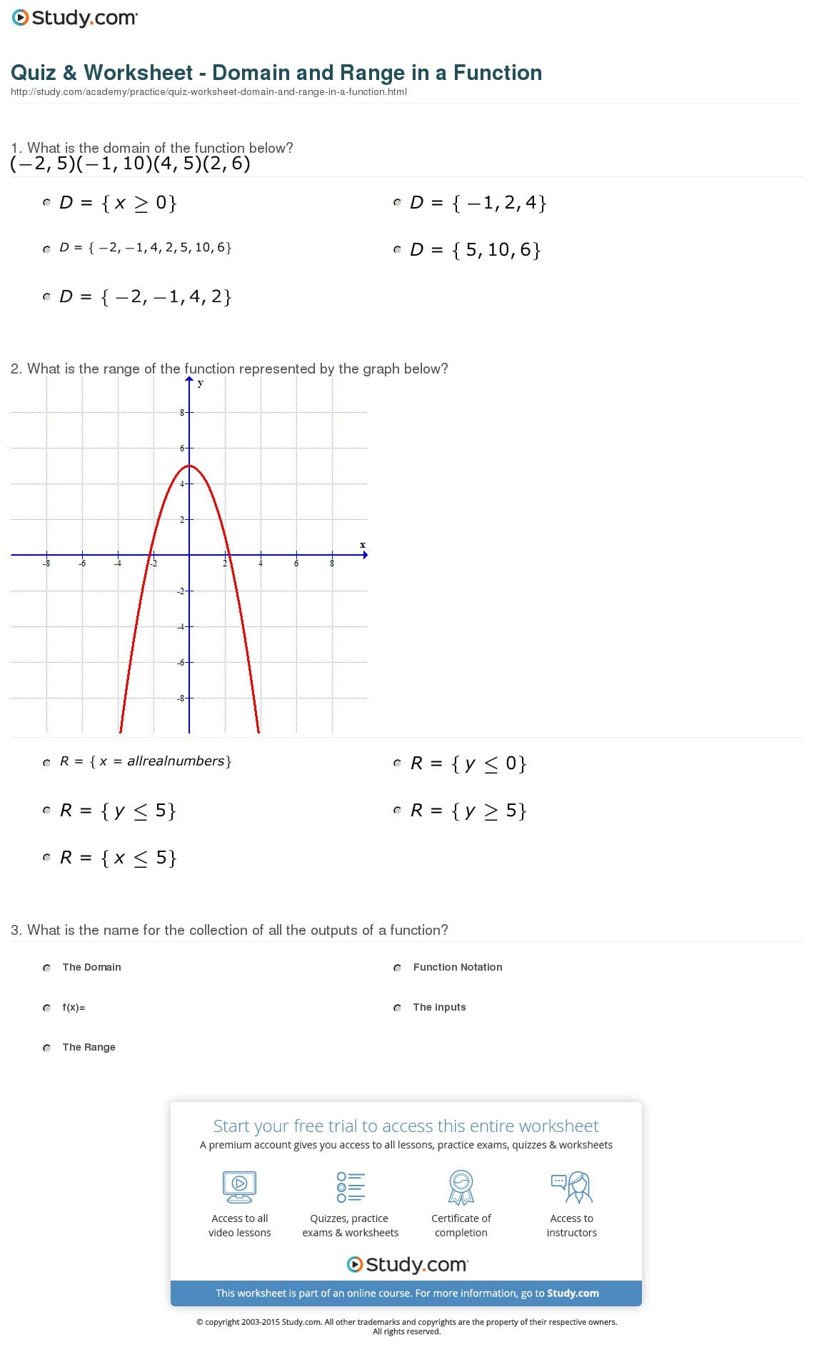 Quiz Worksheet Domain And Range In A Function Study Db excel