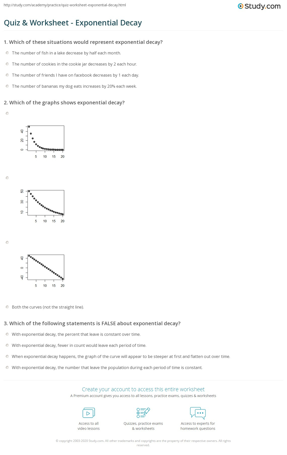 Quiz Worksheet Exponential Decay Study