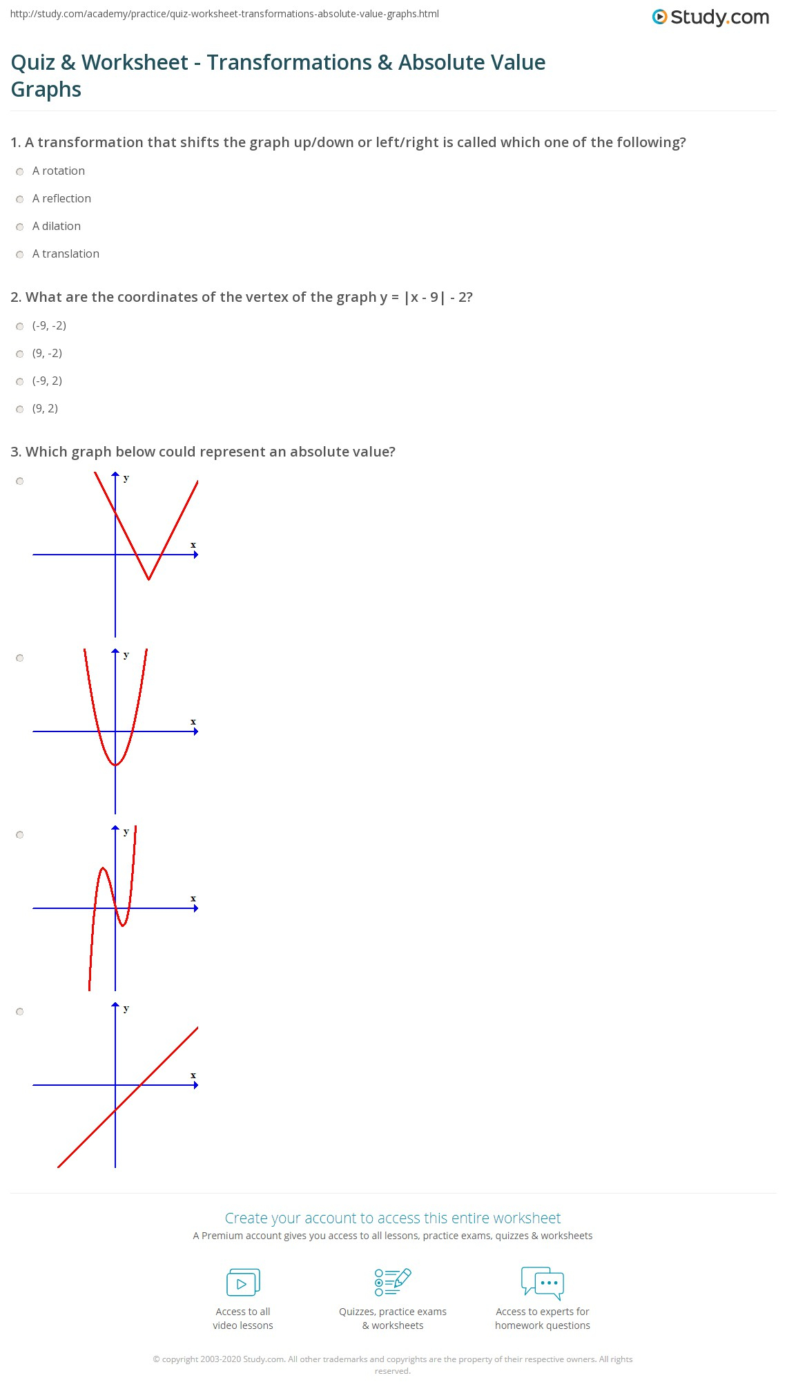 Quiz Worksheet Transformations Absolute Value Graphs Study