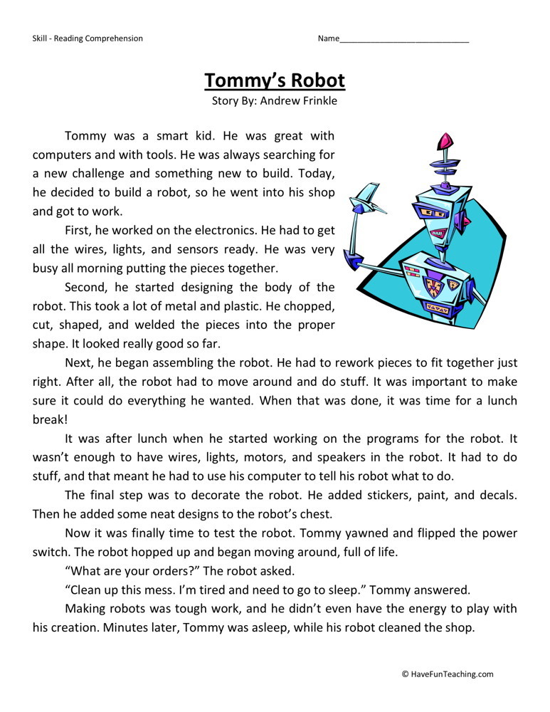 Reading Comprehension Worksheet Tommy s Robot