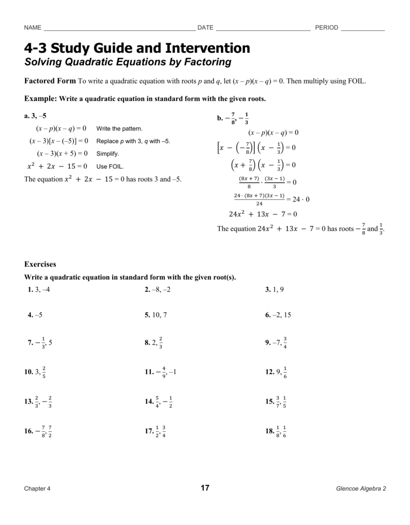 Solving Quadratic Equations By Factoring Algebra 2 Answer Key 