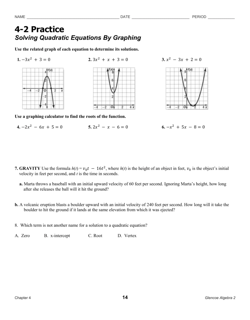 Solving Quadratic Equations By Graphing Worksheet Answers 4 2 Example