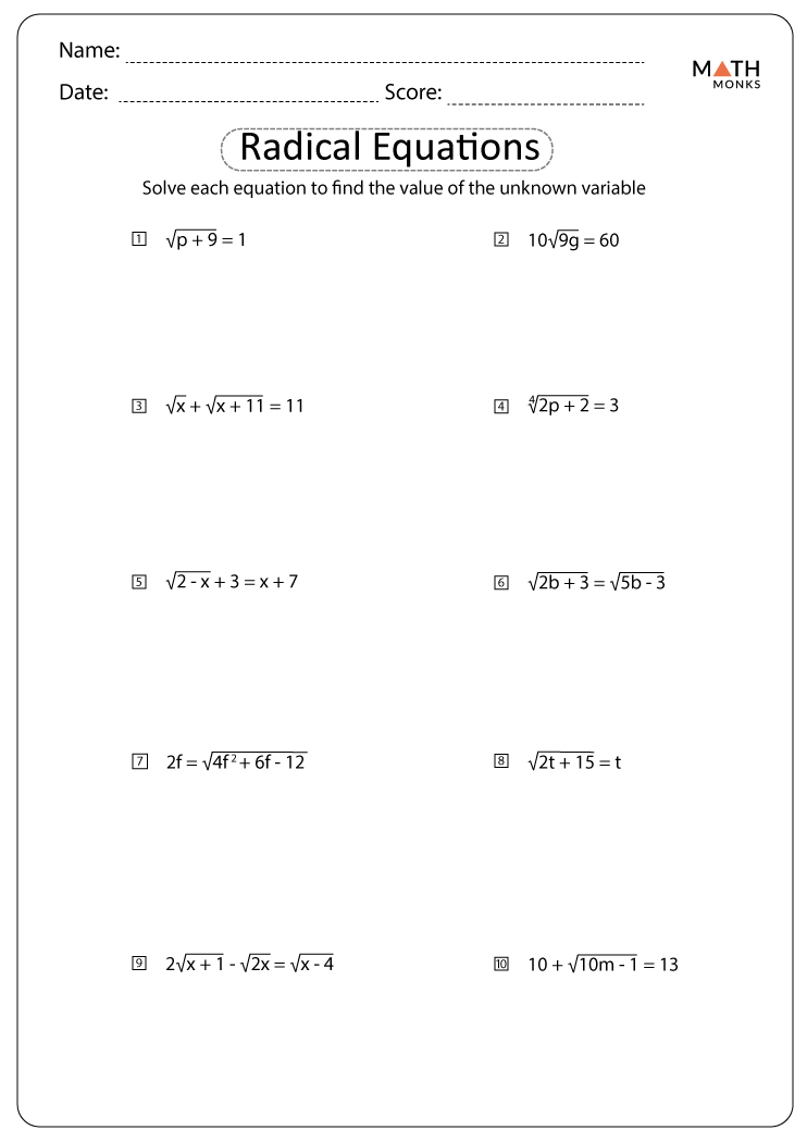 Solving Radical Equations Worksheets Math Monks