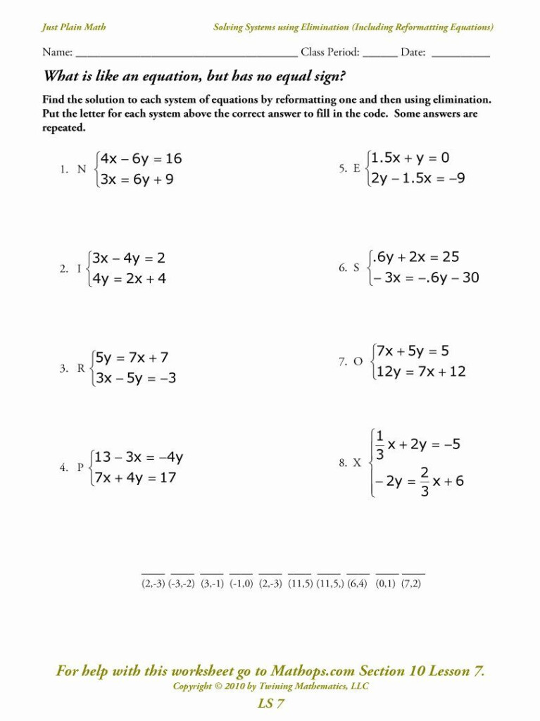 Solving Systems Of Equations By Elimination Worksheet Answers With Work 