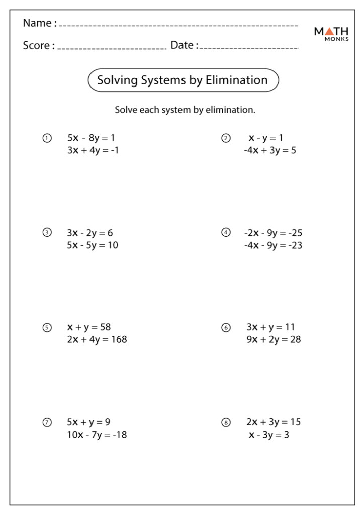 Solving Systems Of Equations By Elimination Worksheets Math Monks