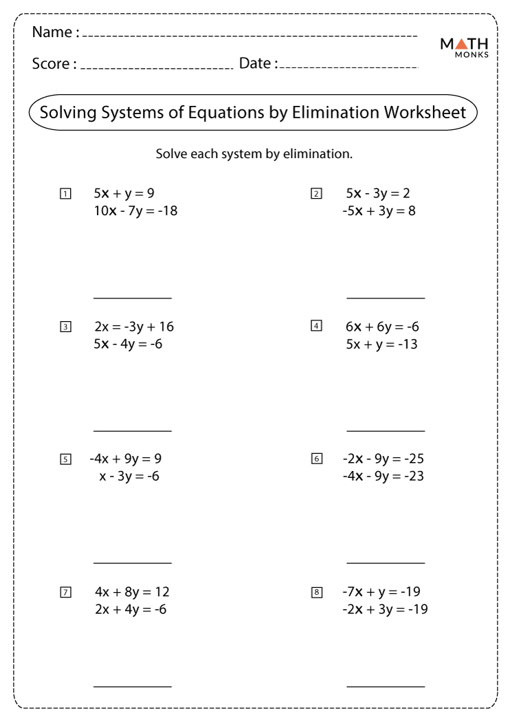 Solving Systems Of Equations By Elimination Worksheets Math Monks