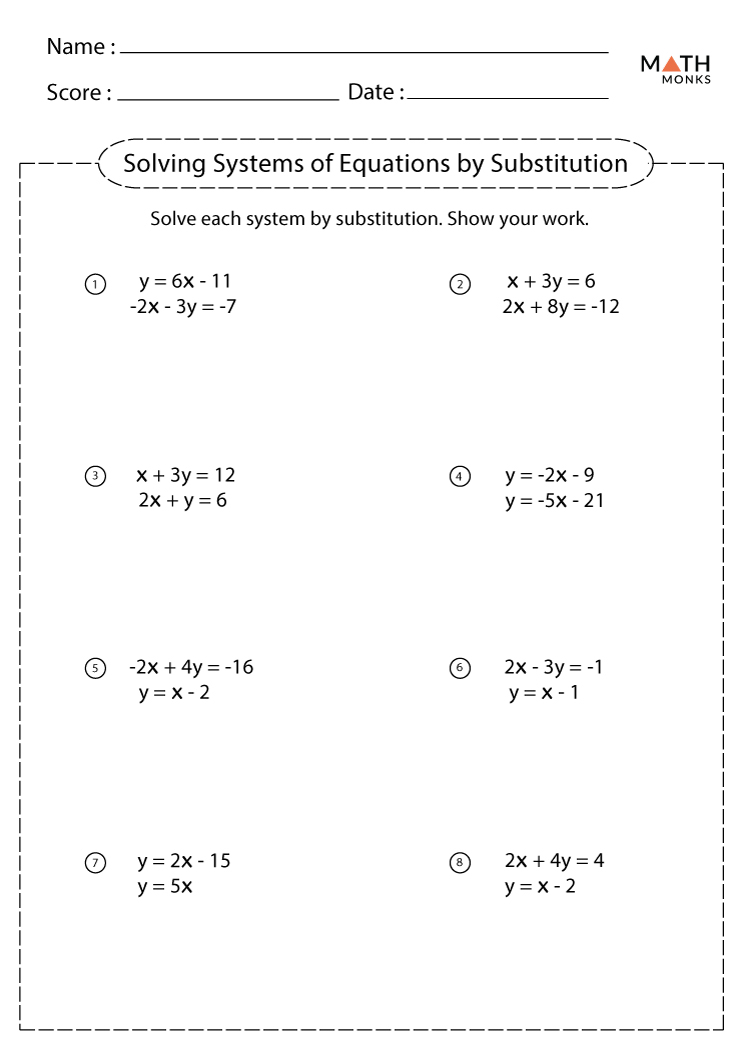 Solving Systems Of Equations By Substitution Worksheets Math Monks