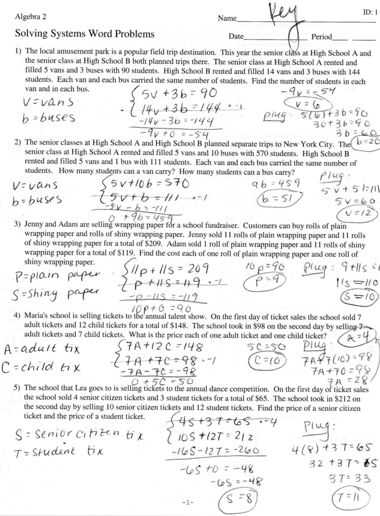 Systems Of Linear Equations Word Problems Worksheet Answers