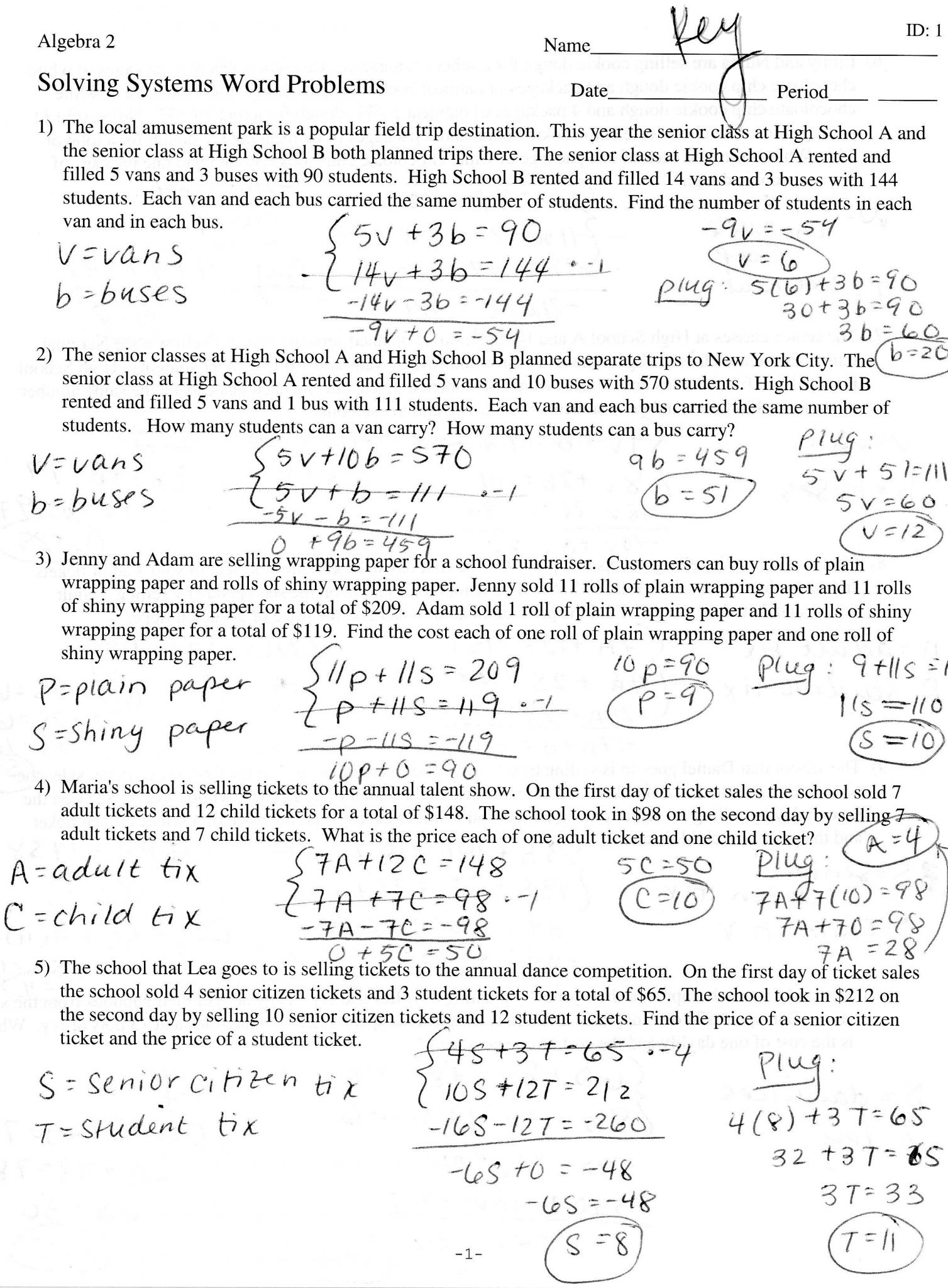 Systems Of Linear Equations Word Problems Worksheet Answers