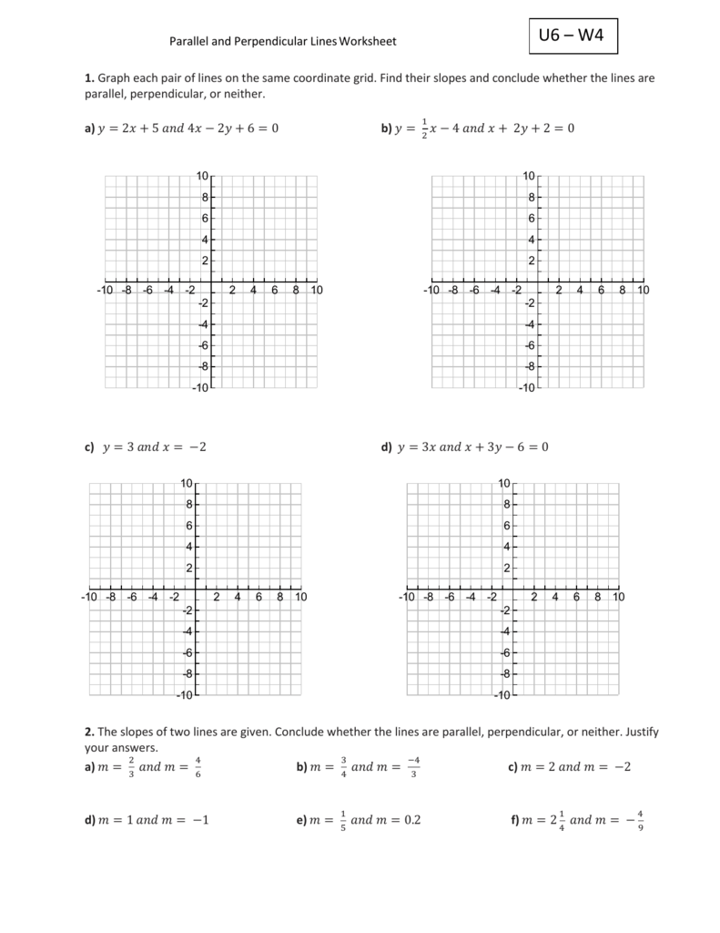 U6 W4 Parallel And Perpendicular Lines Worksheet 1 Graph Each