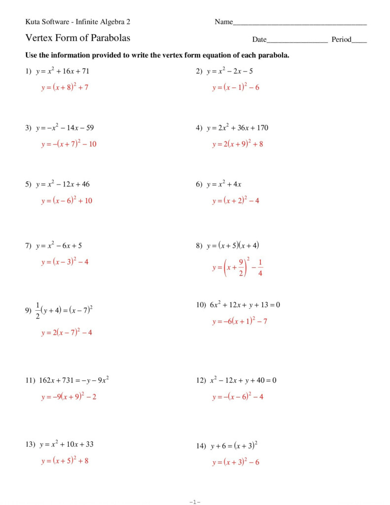 Vertex Form Of A Quadratic Function Worksheet Slideshare