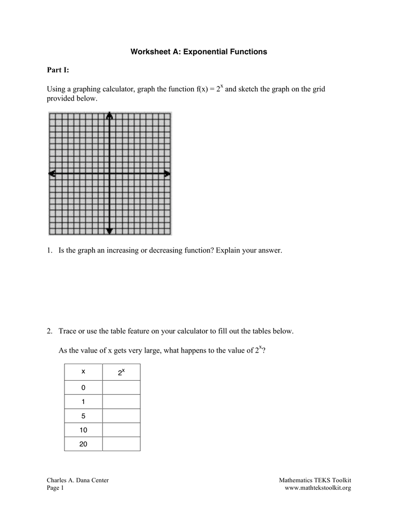 Worksheet A Exponential Functions Part I 