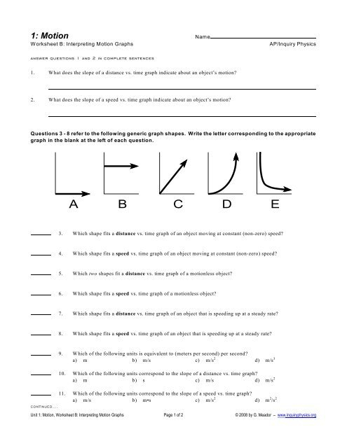 Worksheet B Interpreting Motion Graphs Strickland Science