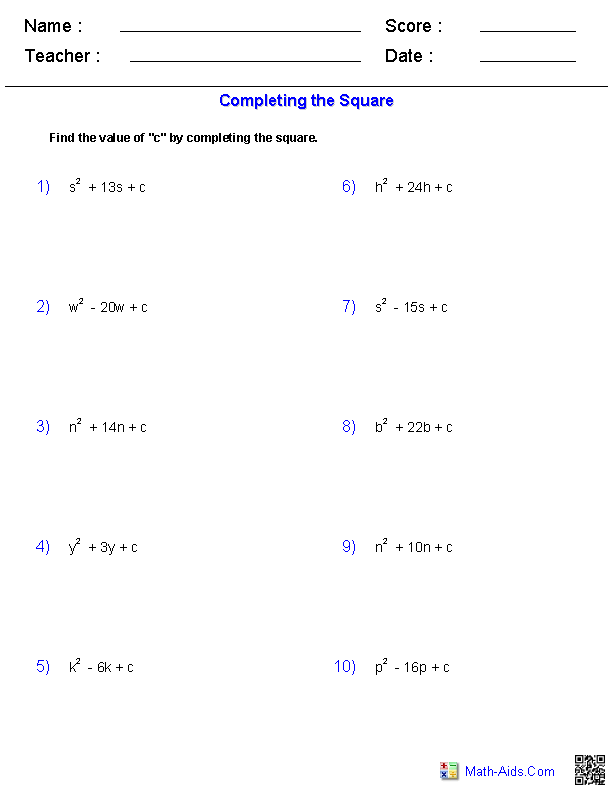 Algebra 1 Worksheets Quadratic Functions Worksheets