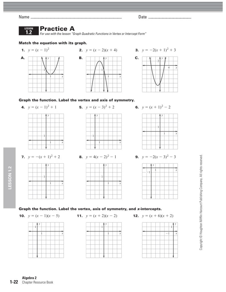 Algebra 2 Graphing Quadratic Functions Worksheet Answer Key Function 