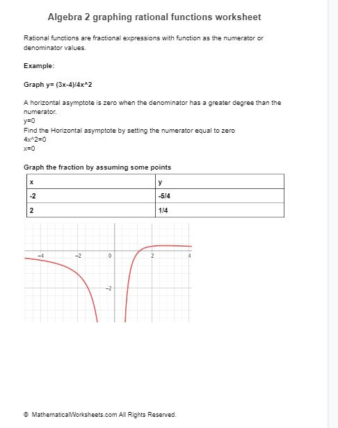 Algebra 2 Graphing Rational Functions Worksheet with Answer Key 