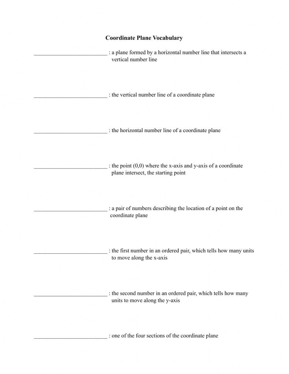 Coordinate Plane Vocabulary Worksheet