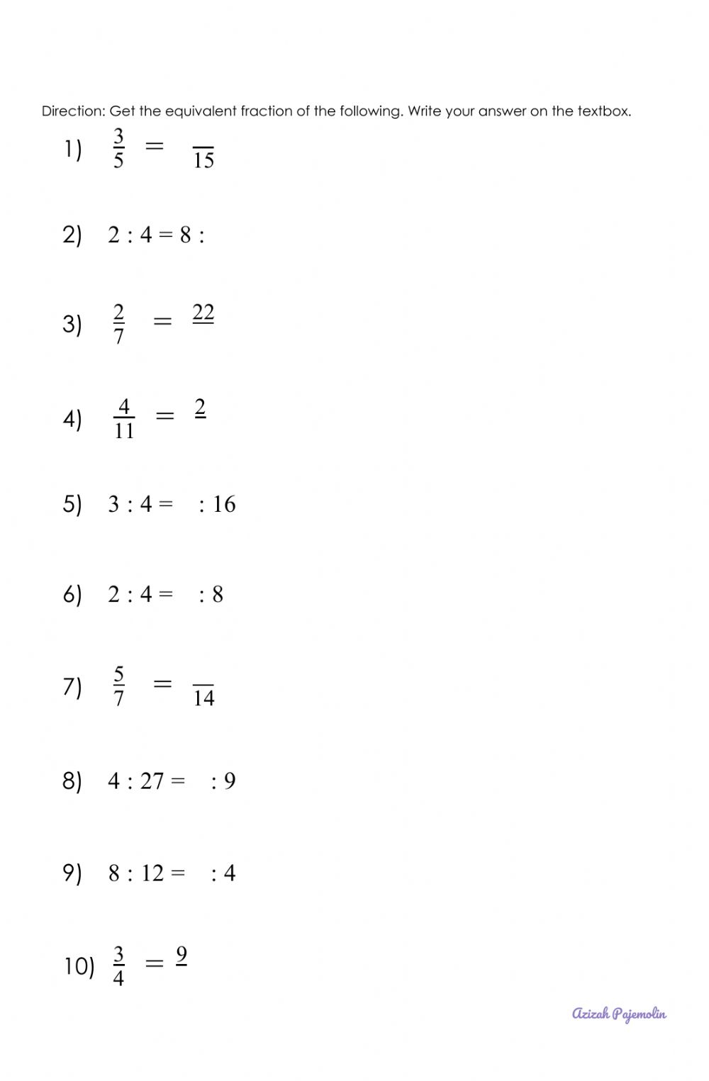 Equivalent Ratio Worksheet