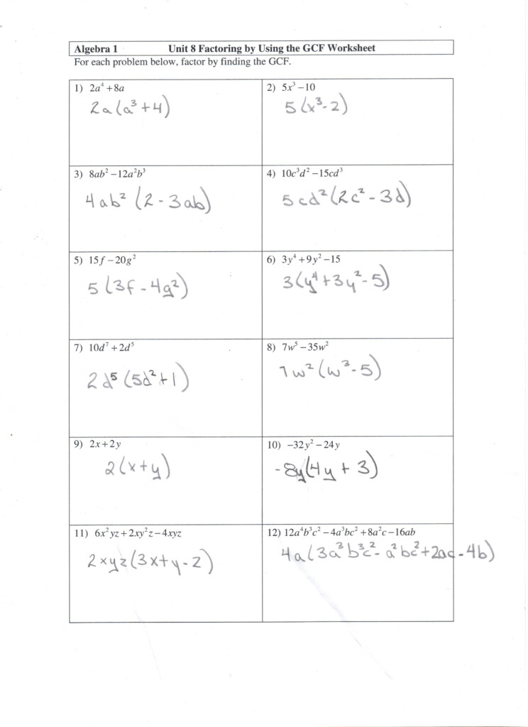 Factoring GCF Worksheet And Answers Math 10